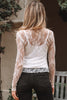 White Sheer Lace Mesh Mock Neck Slim Fit Long Sleeve Top