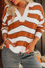 Brown Stripe Ribbed Polo Collar Drop Shoulder Sweater