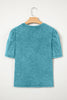 Turquoise Mineral Wash Western Embroidered Detail Short Puff Sleeve Cotton Tee