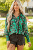 Green Leaves Print Contrast Trim V Neck Shirred Puff Sleeve Blouse