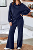 Dusk Blue Solid Color Cowl Neck Drawstring Pullover Wide Leg Athleisure Pants Set
