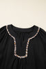 Black Plus Size Notched Neck Leopard Trim Flounce Long Sleeve Shift Dress