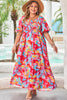 Rose Abstract Printed Puff Sleeve Square Neck Smocked Bust Tied Back Plus Size Dress
