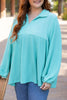 Turquoise Cordrd Balloon Sleeve Collar Plus Babydoll Top