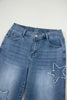 Stone Blue Star Patchwork Cropped Wide Leg High Waist Jeans