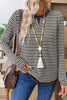 Brown Faux Two Piece Textured Striped Round Neck Long Sleeve T Shirt