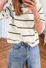 White Stripe Ribbed Knit Half Sleeve Loose Sweater Tee