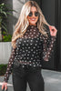 Black Polka Dot Patterned Bodycon Mock Neck Mesh Long Sleeve Top
