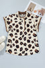 Khaki Plus Size Leopard Print Frilled Color Block Trim Button Down Short Sleeve Blouse