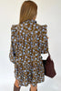 Brown Floral Print Ruffled Detail Shirt Collar Button Down Long Sleeve Dress