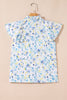 Sky Blue Floral Print Frilled Notched V Neck Blouse