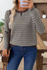 Brown Faux Two Piece Textured Striped Round Neck Long Sleeve T Shirt