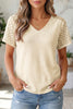 Pink Lace Splicing Button Cutout V Neck Waffle Knit Blouse