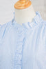 Sky Blue Stripe Floral Embroidered Puff Sleeve Ruffle Trim Shirt