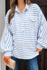 Sky Blue Stripe Half Button Collared Chest Pockets Loose Fit Blouse