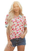 Red Floral Print Striped Patchwork Collared Short Sleeve Blouse