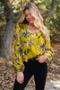 Yellow Vintage Floral V Neck Ruffle Trim Long Sleeve Blouse