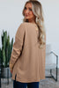Dark Khaki Color Block Waffle Textured Tunic Henley Top with Slits