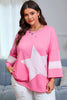 Pink Star Patched Colorblock Raw Edge Bracelet Sleeve Plus Size Loose Tee