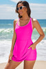 Rose Red Contrast Trim Neckline Active Shorts Attached One Piece Swim Dress