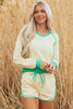 White Contrast Trim Colorblock Long Sleeve Pullover and Drawstring Shorts 2pcs Outfit