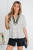 White Stripe Stand Collar V Neck Elastic Cuffs Half Sleeve Dolman Top