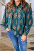 Green Plus Size Floral Print Contrast Lacy Trim Pleated Loose Shirt