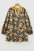 Brown Floral Print Contrast Trim V Neck Pocketed Long Sleeve Mini Dress