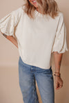 White Pearled Puff Sleeve Round Neck Loose Top