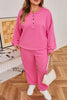 Bright Pink Plus Size Henley Drop Shoulder Pullover and Jogger Pants Two Piece Set