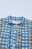 Sky Blue Plaid Long Sleeve Frilled Detail Half Button Blouse