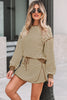 Brown Stripe Textured Drop Shoulder Pullover Top Drawstring Mini Skirt Two Piece Dress Set