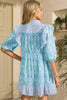 Sky Blue Boho Floral Geometric Patchwork Ruffle Detail Puff Sleeve Mini Dress