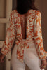 Orange Floral Print Knotted Open Back Long Sleeve Blouse
