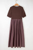 Coffee Short Sleeve Knit Top Patchwork Pleated Long Dress
