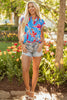 Sky Blue Floral Print V Neck Pompom Trim Flutter Sleeve Blouse