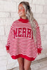 Red Stripe Christmas Slogan Embroidery Patched Mock Neck Oversized Sweatshirt