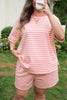 Green Stripe Boxy Tee Drawstring Elastic Waist Plus Size Short Set