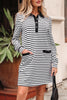 White Stripe Buttoned Front Collared Long Sleeve T Shirt Dress with Pockets