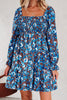 Blue Smocked Bodice High Waist Ruffled Sleeve Floral Dress