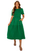 Dark Green Solid Textured Smocked Puff Short Sleeve High Waist Long Dress