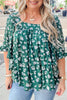 Green Floral Print Square Neck Ruffled Trim Plus Size Blouse