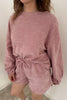 Fushia Solid Color Textured Knit Drop Shoulder Pullover Drawstring Shorts Set