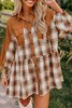 Khaki Plaid Color Block Patchwork Ruffle Hem Tunic Shirt Dress