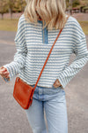 Brown Stripe Textured Frilly Trim Buttons Henley Long Sleeve Top