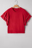 Racing Red Pearl Embellished Double Ruffle Short Sleeve Sweater