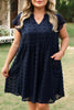 Navy Blue Dotty Textured Notched Neck Plus Ruffled Dress