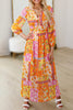 Orange Floral Patchwork Print Cut out Tied Back Bracelet Sleeve Maxi Dress