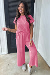 Wild Wind Solid Corded Knit Short Sleeve T Shirt and Wide Leg Pants Set