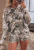Brown Camo Long Sleeve Top Elastic Waist Shorts Two Piece Set